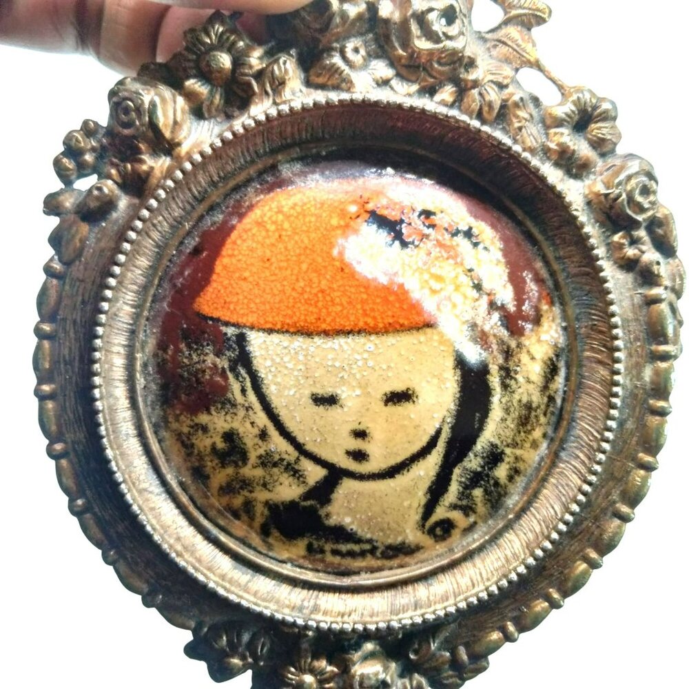 Antique Vintage Asian Oval Framed Enamel Artwork With Girl In Hat Design 4.5" Ta